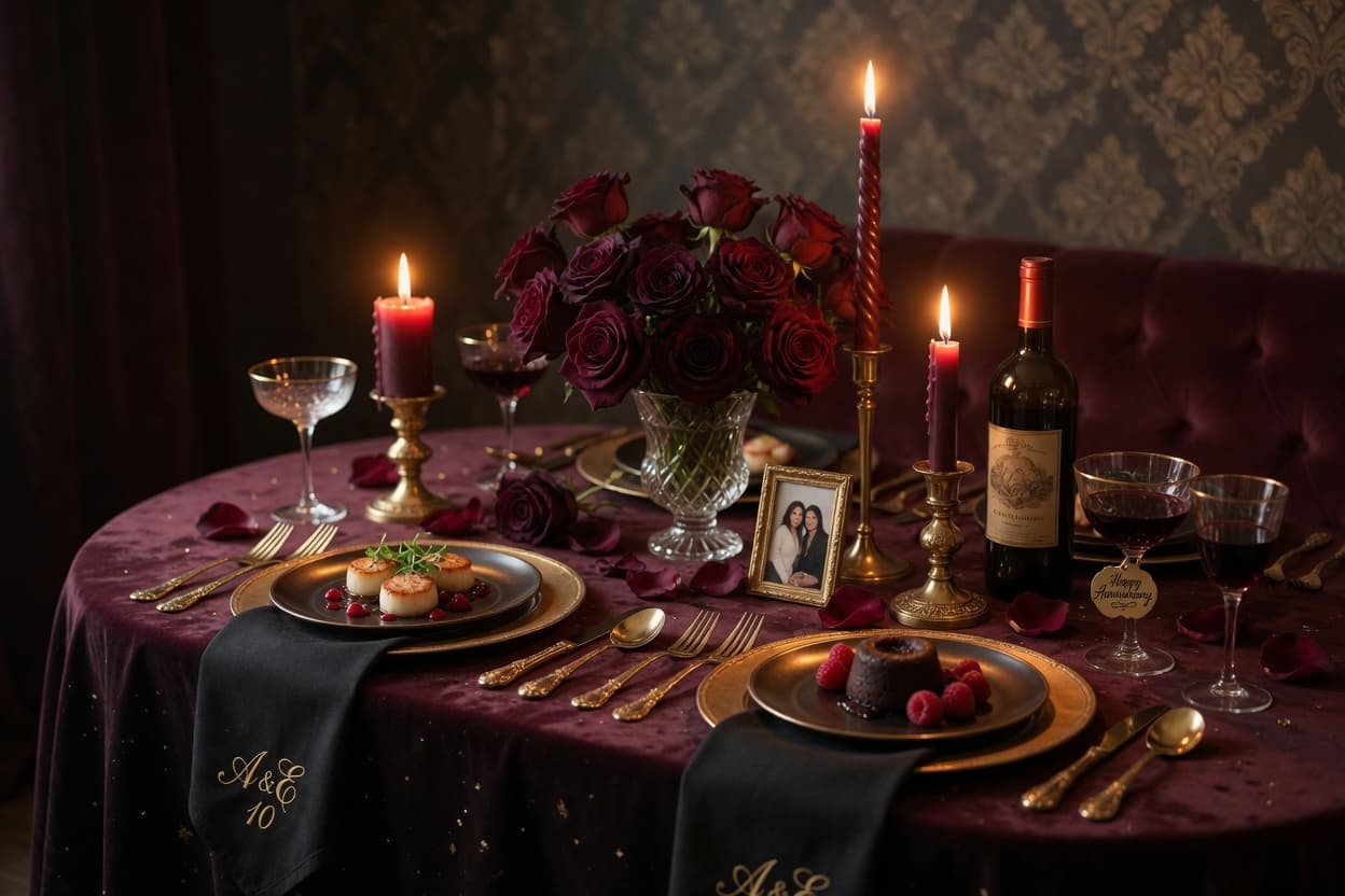 Candlelit anniversary dinner table with red roses