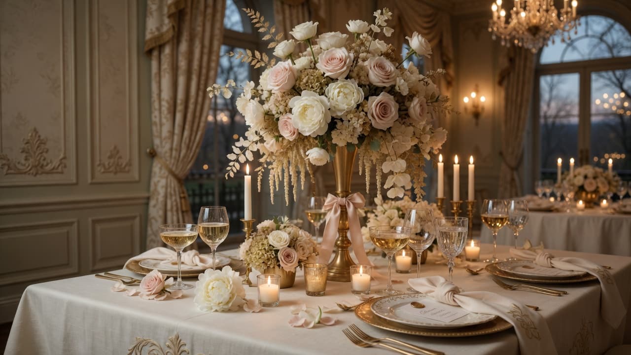 Champagne and ivory wedding tablescape